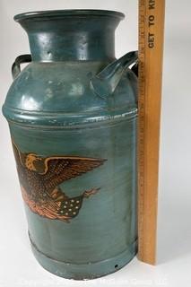 Blue Metal Milk or Dairy Can with Eagle Decoupage. 22" tall.