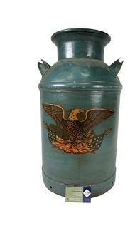 Blue Metal Milk or Dairy Can with Eagle Decoupage. 22" tall.