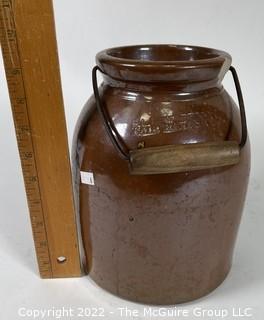 S.L. Pewtress & Co., Fair Haven, Conn. Stoneware Brown Slip Salt Glaze Batter Jug with Handle was 1027BE