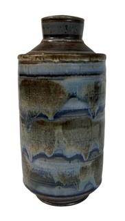 Hand Thrown Blue Marble Glazed Stoneware Pottery Jar with Lid Signed by Artist, GOG 1029BE