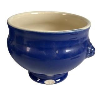 Set of Six (6) Emile Henry Cobalt Blue Pottery Bowls with Matching Covered Casserole. Made in France. One with chip. 