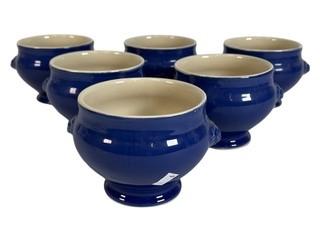 Set of Six (6) Emile Henry Cobalt Blue Pottery Bowls with Matching Covered Casserole. Made in France. One with chip. 