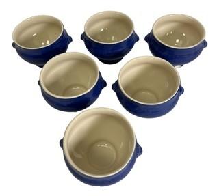 Set of Six (6) Emile Henry Cobalt Blue Pottery Bowls with Matching Covered Casserole. Made in France. One with chip. 