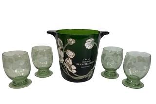 Vintage Perrier Jouet Champagne Bucket and Four Etched Stemmed Glasses.