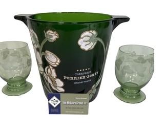 Vintage Perrier Jouet Champagne Bucket and Four Etched Stemmed Glasses.