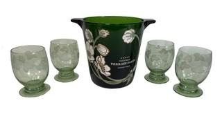 Vintage Perrier Jouet Champagne Bucket and Four Etched Stemmed Glasses.