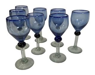 Set of Eight (8) Cobalt Blue Rim Hand Blown Wine Glasses, Made in Mexico