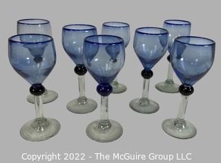 Set of Eight (8) Cobalt Blue Rim Hand Blown Wine Glasses, Made in Mexico