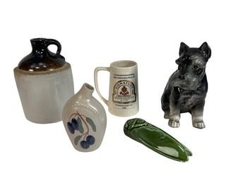 Five (5) Stoneware and Pottery Decorative Items Including Crock Jug, Wall Pockets and Stein.