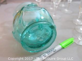 Collection including 2 etched glass serving bowls, a hand blown glass pitcher and splatter glass vase