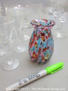 Collection including 2 etched glass serving bowls, a hand blown glass pitcher and splatter glass vase