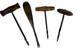 Collection of Antique Carpenter Awls and Augers with Wood Handles. 