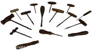 Collection of Antique Carpenter Awls and Augers with Wood Handles. 