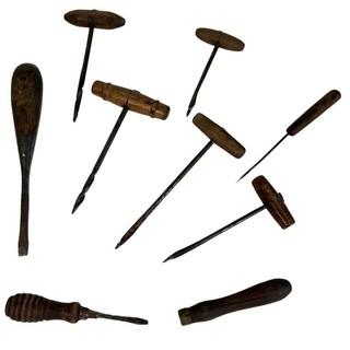 Collection of Antique Carpenter Awls and Augers with Wood Handles. 