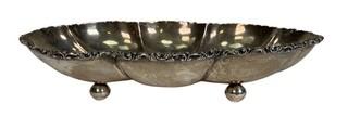 Sterling Silver Tray Hand Wrought Scallop Footed Tray Stamped Plateria Taxco Mexico. Measures 16" long, 9" wide and 3 1/2" deep. 724 grams