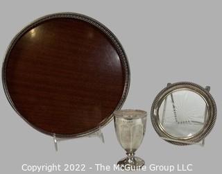 Three (3) Sterling Silver Items Including Teak Tray, Crystal Serving Dish and Goblet. 572 total grams 