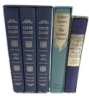 Five (5) Books Published by The Folio Society Including Pepys Diary in Three Volumes, Robert Graves the Golden Fleece and the House of Medici. In Cases. 