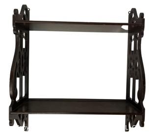 Small Mahogany Wood Two Level Wall Mount Display Shelf with Openwork Sides. 20" tall, 17" wide, 7" deep