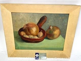 Framed Oil on Canvas of Still Life of Eggs and Onions by Hope Wyatt. Measures 16" x 20"