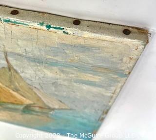 Unframed Oil on Canvas of Seascape with Sail Boats Signed by Artist H Stam Yo.  Measures 13" x 18", circa 1890's.