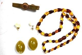 Lucite Beads, Bakelite Earrings, "Otis" Tie Clip