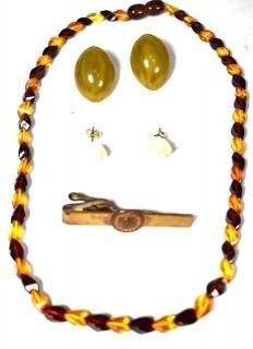 Lucite Beads, Bakelite Earrings, "Otis" Tie Clip