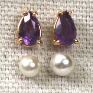 Two (2) Pairs of Pierced Stud Earrings - Amethyst and Faux Pearl