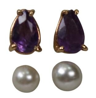 Two (2) Pairs of Pierced Stud Earrings - Amethyst and Faux Pearl