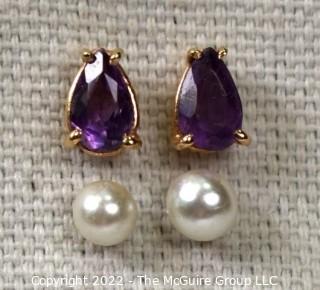 Two (2) Pairs of Pierced Stud Earrings - Amethyst and Faux Pearl