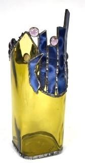 Artisan Made Stained Glass Vase in Amber and Blue. 