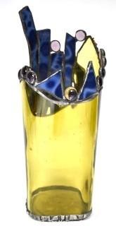 Artisan Made Stained Glass Vase in Amber and Blue. 