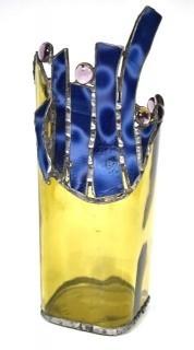 Artisan Made Stained Glass Vase in Amber and Blue. 