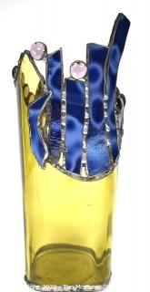 Artisan Made Stained Glass Vase in Amber and Blue. 