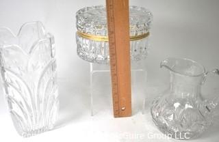 Three (3) Crystal Decorative Items Including Box, Vase & Pitcher