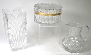 Three (3) Crystal Decorative Items Including Box, Vase & Pitcher