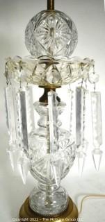 Cut & Etched Crystal Luster Table Lamp.  One of Pair Offered in This Auction 25" tall.  One prism is broken on this lamp.