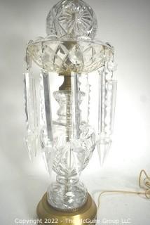 Cut & Etched Crystal Luster Table Lamp.  One of Pair Offered in This Auction 25" tall.  One prism is broken on this lamp.