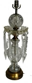 Cut & Etched Crystal Luster Table Lamp.  One of Pair Offered in This Auction 25" tall.  One prism is broken on this lamp.