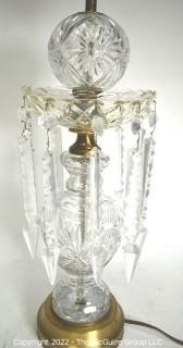 Cut & Etched Crystal Luster Table Lamp.  One of Pair Offered in This Auction 25" tall 