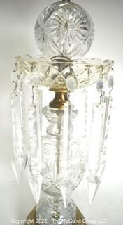 Cut & Etched Crystal Luster Table Lamp.  One of Pair Offered in This Auction 25" tall 