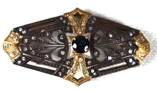 Antique Art Deco 18kt (750) Yellow Gold with Marcasite and Gemstones Brooch.  2" long. 