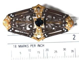 Antique Art Deco 18kt (750) Yellow Gold with Marcasite and Gemstones Brooch.  2" long. 