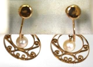 10kt Yellow Gold Filigree with Fresh Water Pearls Screw Back Dangle Earrings