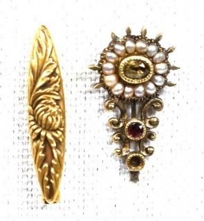 Two (2) Small 10kt Yellow Gold Brooches, One with Pearls and Stones. 