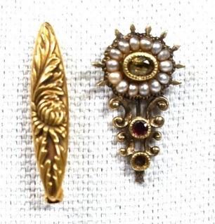 Two (2) Small 10kt Yellow Gold Brooches, One with Pearls and Stones. 