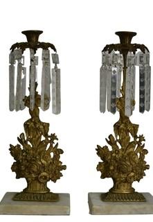 Pair of Brass Girandole Single Light Candelabras with Etched Crystal Prism Lusters On Marble Base.  16" tall