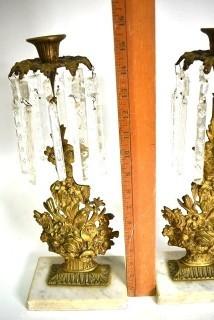 Pair of Brass Girandole Single Light Candelabras with Etched Crystal Prism Lusters On Marble Base.  16" tall