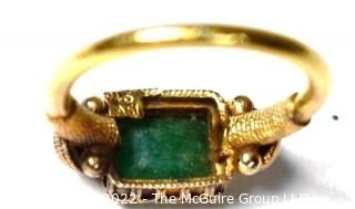 22 Kt (tested) Yellow Gold Byzantine Style Ring with Rough Cut Emerald Center. Size 4 1/2