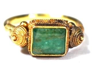 22 Kt (tested) Yellow Gold Byzantine Style Ring with Rough Cut Emerald Center. Size 4 1/2