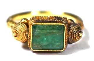 22 Kt (tested) Yellow Gold Byzantine Style Ring with Rough Cut Emerald Center. Size 4 1/2